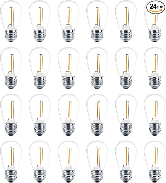 Meconard 24 Pack LED S14 Replacement Light Bulbs, Shatterproof Outdoor 1 Watt to Replace 11Watts String Incandescent Bulb, E26 Regular Medium Screw Base, 2200K Warm White, Non-Dimmable
