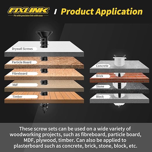 Wood Screws Assortment Kit, FIXLINK 240 PCS High Hardness Flat Head Wood Screws Set, Phillips Drive Assorted Screws, Contain 15PC Anchors and 8 Size (2-1/2”,2”,1-1/2”,1-1/4”,1”,3/4”,5/8”,1/2”), Black