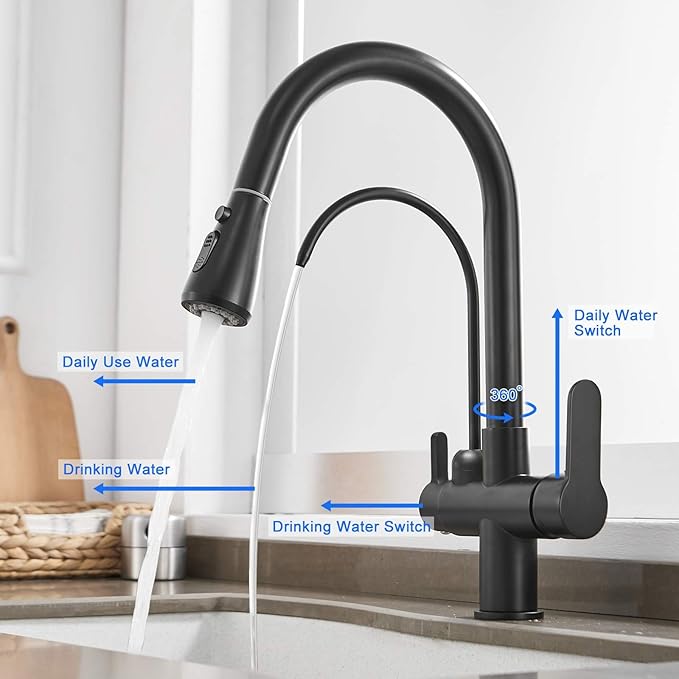 MENATT Commercial 3 in 1 Drinking Water Faucet, High Arc Water Filter Purifier Kitchen Faucets, Dual Handle Pull Out Kitchen Sink Faucet (Matte Black)