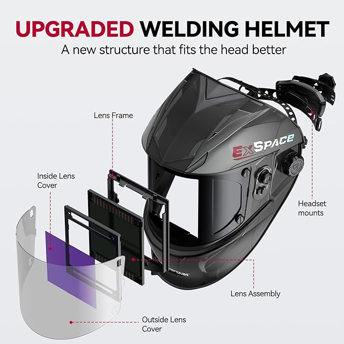 ARCCAPTAIN Large Viewing Screen 3.93"X3.66" Welding Helmet, True Color 1/1/1/1 Solar Power Auto Darkening Welding Hood with 4 Arc Sensor, Wide Shade 4/5-9/9-13 for TIG MIG ARC, Grey