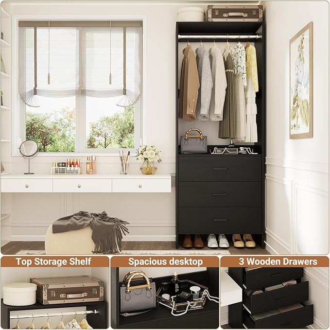Aheaplus 2FT Closet System with 3 Drawers, 24’’ Closet Organizer, Wood Closet Organizer System, Walk-in Closet or Small Closets Wardrobe, Clothes Rack with Hanging Rods,-E7, Black