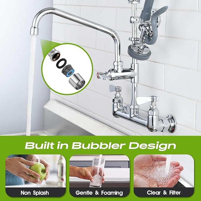 Commercial Sink Faucet with Sprayer 8 Inch Center Wall Mount Kitchen Sink Faucet with 10" Add-on Swing Spout 25" Height Faucet with Down Pre-Rinse Sprayer