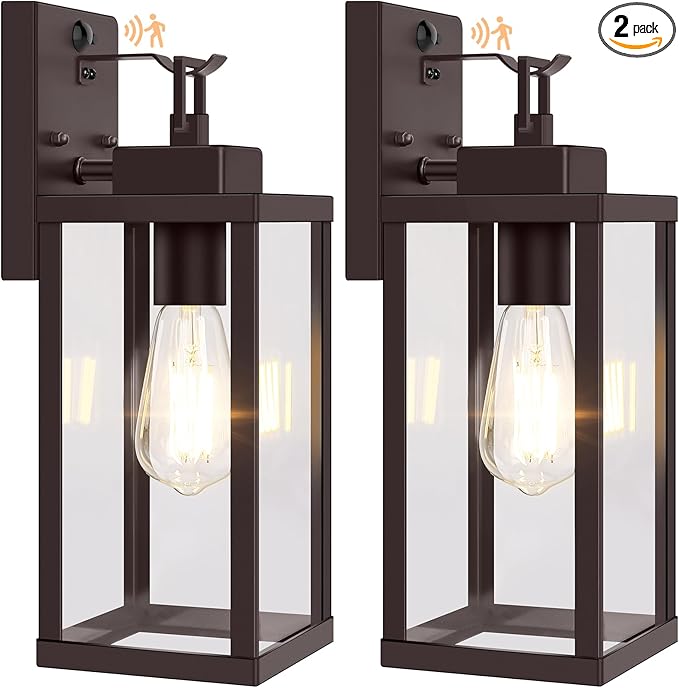 BesLowe 14” Upgraded Motion Sensor Outdoor Wall Lights, Dusk to Dawn Porch Lights Outdoor Wall Sconces, 3 Lighting Modes Exterior Lighting Fixtures with Hooks, Brown Outside Lights for House, 2-Pack