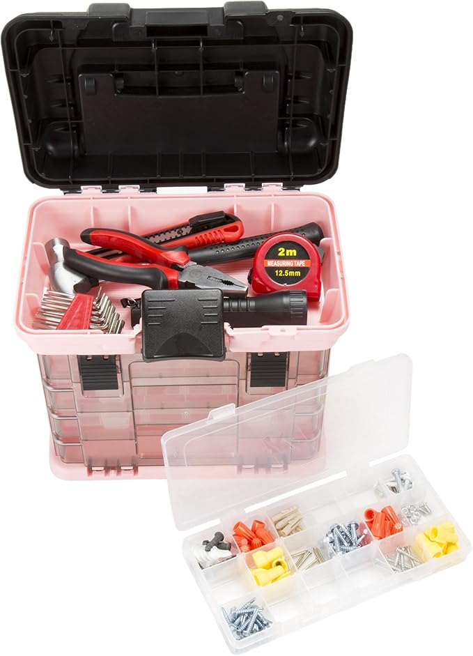 Portable Tool Box - Small Parts Organizer with Drawers and Customizable Compartments for Hardware, Fishing Tackle, Beads, or Crafts by Stalwart (Pink)
