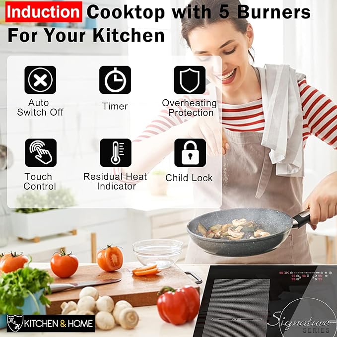 K&H SIGNATURE SERIES 5 Burner 36 Inch Built-in Induction FLEX Electric Stove Top Ceramic Cooktop SLIDER Touch Control 240V 9400W IN36-9400FLX