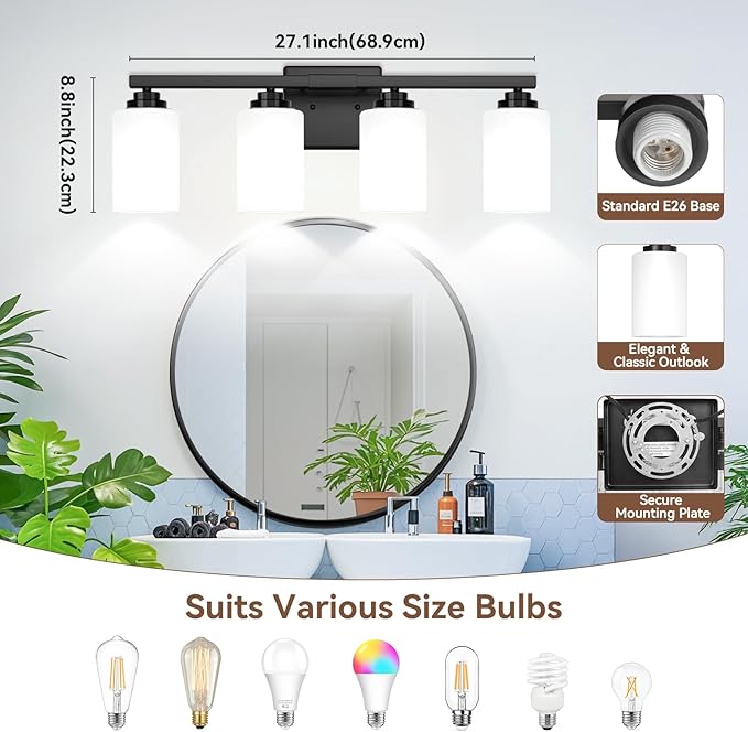 4-Light Bathroom Light Fixtures, 27" Modern Vanity Lights Over Mirror with Milky White Glass Shade, Matte Black Light Fixture, Classic Wall Light Fixture for Mirror Living Room Cabinet Bedroom Porch