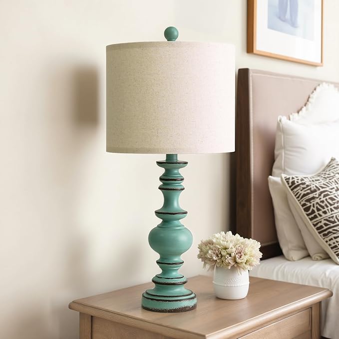 BOBOMOMO 24" Farmhouse Table Lamps Set of 2 – Distressed Teal Lamps with Linen Shades, Cottage Style Bedside Lamps for Bedroom, Living Room, or Entryway, Medium Height Lamps with Coastal Vintage Charm