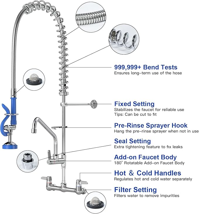 Commercial Faucet with Sprayer for Kitchen Cook : Akwadu Wall Mount Commercial Kitchen Faucet with Pull-Down Pre Rinse Sprayer 8" Center with 12" Add-On Spout - 36" Height Sink Faucets for Staff Chef