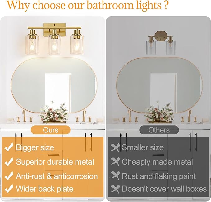 3-Light Vanity Lights with Clear Glass Shades, Brushed Gold Bathroom Light Fixtures Over Mirror, Modern Bathroom Wall Lamp for Mirror Living Room Cabinet Bedroom Porch