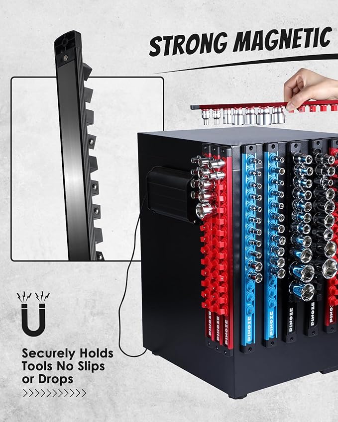 1/2" Magnetic Socket Holder Organizer - Aluminum Alloy Socket Rail Tray for Tool Box Drawer, Socket Rack with Extra 2Pcs Replacement Clips for Automotive Garage(Black)