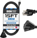 Iron Forge Cable 15 Ft Black Extension Cord with 3 Outlets - 16/3 SJTW 15 Foot 3 Outlet Outdoor Extension Cord 3 Prong, Weatherproof Exterior Power Cable for Outdoor