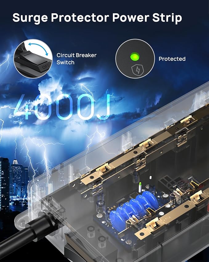 TROND Surge Protector Power Strip 10ft, 360° Rotating Flat Plug, 4000J, ETL Listed, 10 Widely Spaced Outlets, 2 USB A and 2 USB C, Wall Mountable, for Home Office Entertainment, Black