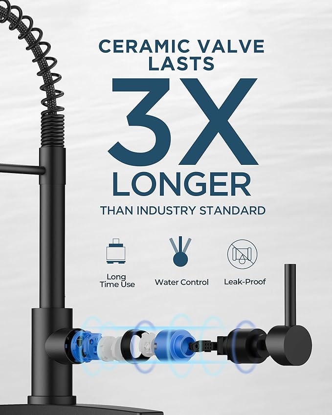 FORIOUS Black Kitchen Faucet with Soap Dispenser, Stainless Steel Single Handle Modern Spring Commercial Sink Faucet with Pull Down Sprayer for Laundry & Utility Room RV Camp Bar Farmhouse