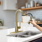 WEWE Vintage Kitchen Faucet with Pull Down Sprayer, Stainless Steel 1 or 3 Hole High Arc Single Handle Antique Sink Faucet for Classic Modern Ktichen, Gold
