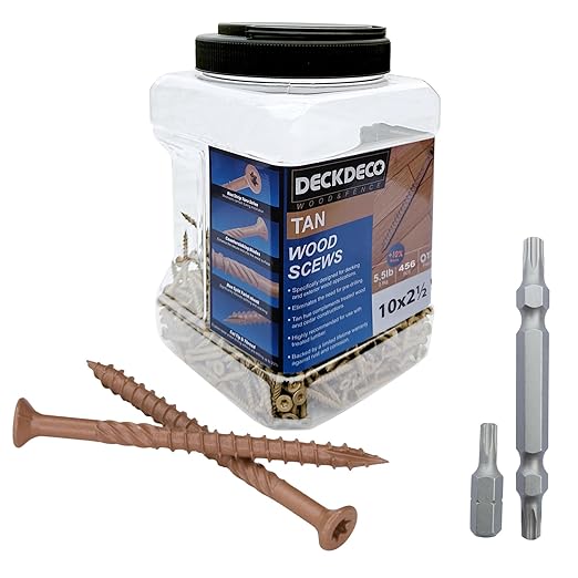 Wood Screws #10 x 2-1/2" 431pcs(Approx), Tan Ruspert Coating Exterior Deck Screws, Torx/Star Drive Flat Head,Twist Shank, Cut Tip/Thread, Bit Included, 5.5 lb/Box