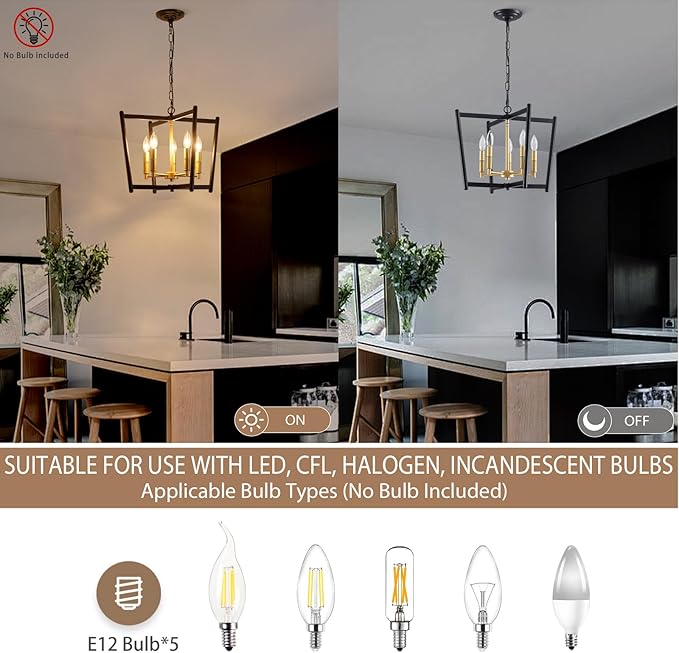 Black Gold Chandelier Light Fixture, Geometric Modern Farmhouse Pendant Light for Dining Living Room Entryway Kitchen Island Bedroom Chandelier, 5 Lights Metal Hanging Ceiling Light, 20 Inch