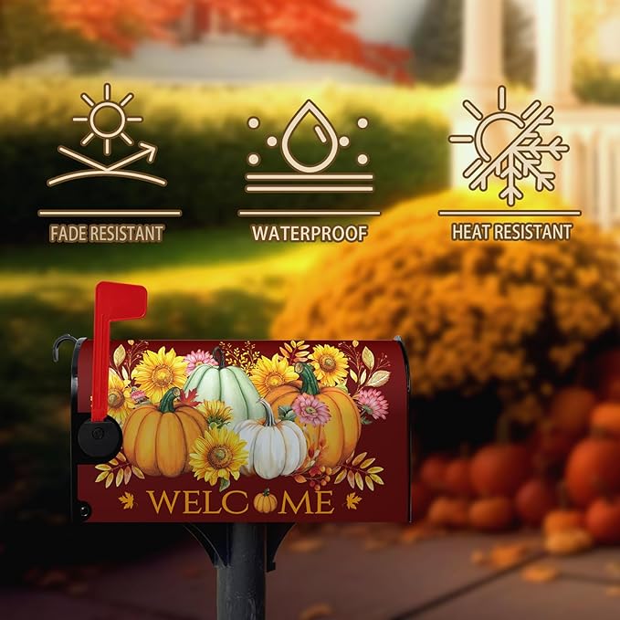 Fall Autumn Pumpkin Mailbox Cover Magnetic Yellow Sunflower Maple Leaves Mailbox Cover Large Size 25.5 X 21 Inch Thanksgiving Welcome Post Box Covers Wraps Home Garden Decor for Outdoor