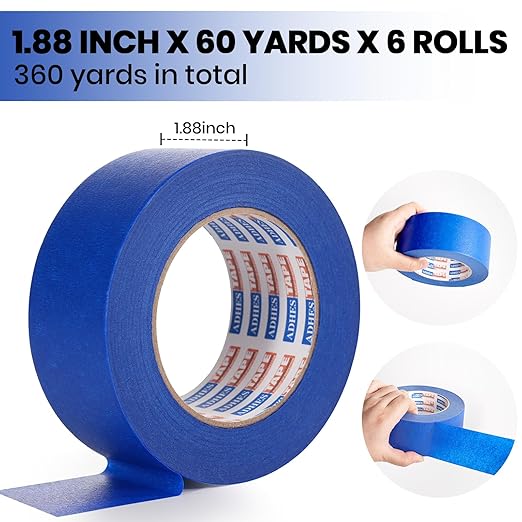 ADHES Upgrade Blue Painters Tape, Masking Tape for Painting 6 Rolls x 1.88 Inch x 60 Yards, Blue Paint Tape No Residue Outdoor Anti UV Multi Surface Use, Total 360 Yards