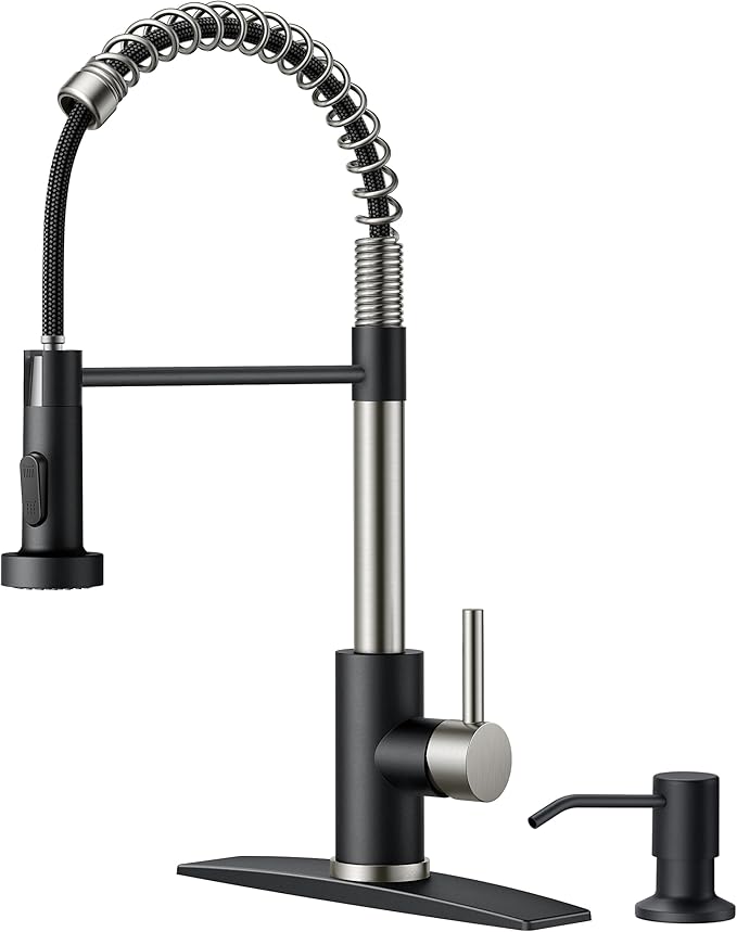 FORIOUS Kitchen Faucet with Soap Dispenser, Stainless Steel Spring Sink Faucet with Pull Down Sprayer Transitional Single Handle for Pot Filler, Farmhouse Camper Bar Laundry Room, Black Brushed
