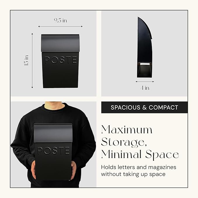 NACH French Mailboxes for Outside Wall Mount, 15 x 9.5 x 4 inches, Black Wall Mounted Mailbox and Newspaper Holder, Waterproof Mailbox for Door - The Milano Mailbox
