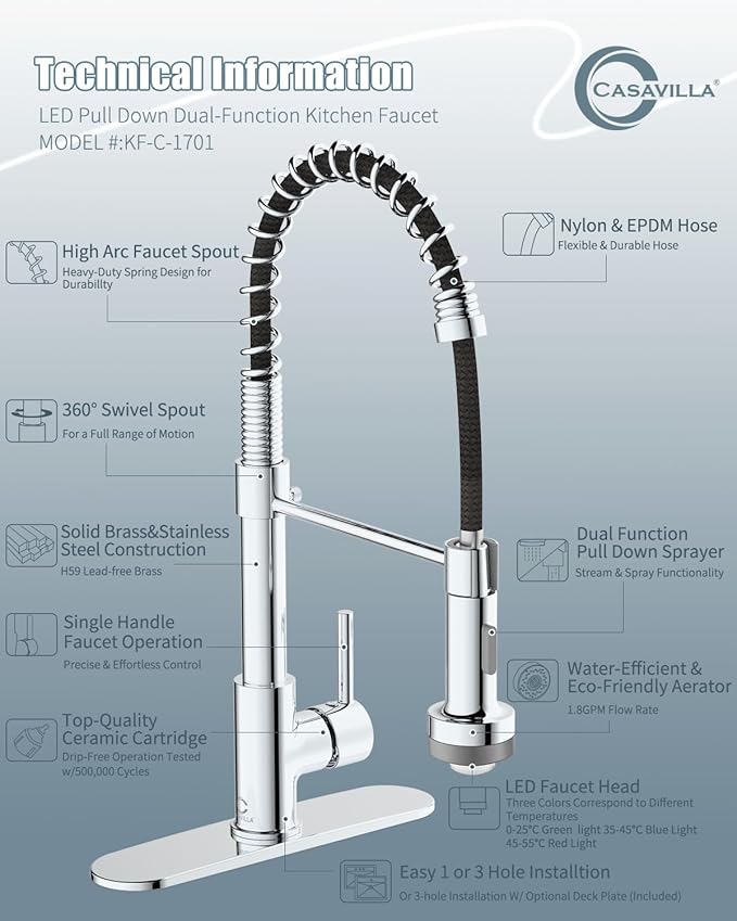 Kitchen Faucet with LED Light, Chrome Faucet with Soap Dispenser, Faucet for Kitchen Sink, Single Handle Stainless Steel Kitchen Sink Faucets with Pull Down Sprayer, Camper Farmhouse RV