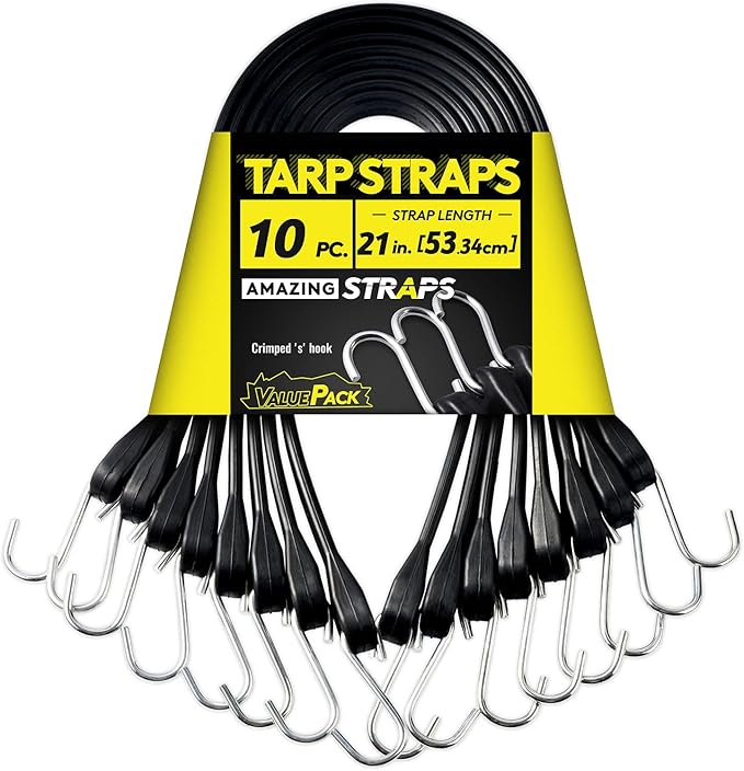 Rubber Bungee Cords Heavy Duty Outdoor with 1.8X Max Stretch & Over 176 lbs Load, 100% EPDM Black Bungee Straps with Crimped S Hooks for Cargo, Tarps, Van, Truck, Motorcycle, Weatherproof (10 Pack)