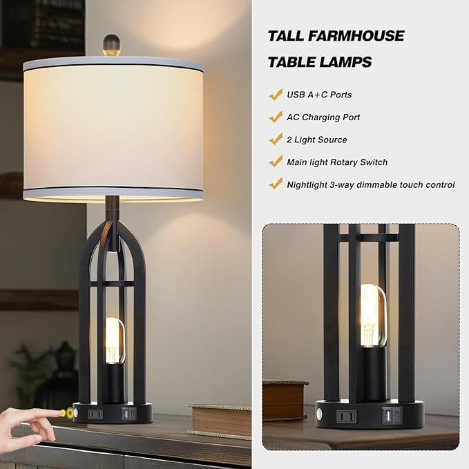 27" Black Table Lamp for Living Room,Black Table Lamps Set of 2 with USB & AC Outlet, 3-Way Dimmable Farmhouse Lamps for Night Stands, Vintage Bedside Lamp for End Tables, Nightstand Lamps for Bedroom