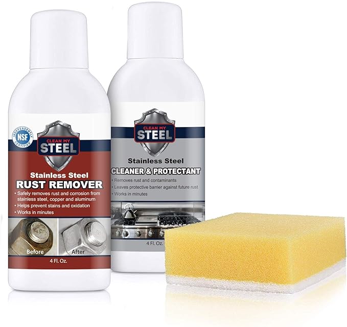 CLEAN MY STEEL – Stainless Steel Rust Stain Remover Kit with Protector – Fast Acting for Commercial Equipment Rust Cleaner for Appliances, Grills & More – Food-Safe Stainless Steel Cleaner (4 oz)