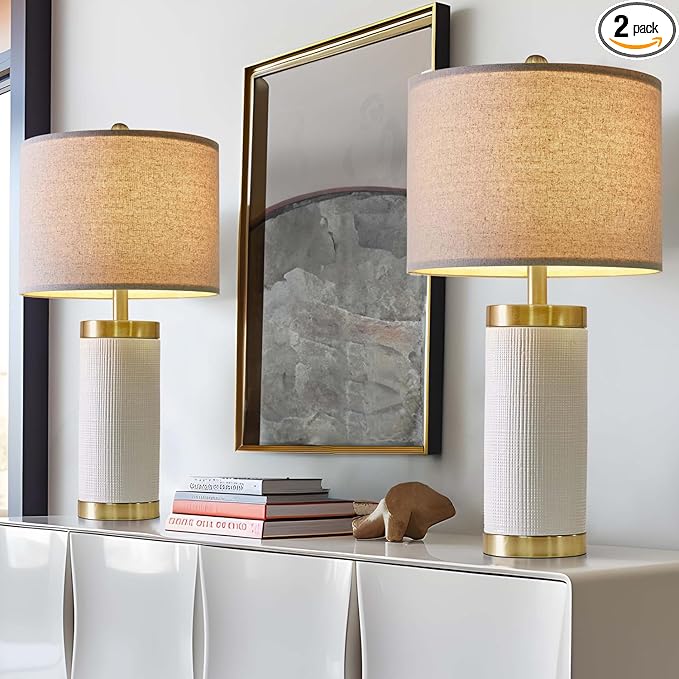 24.5 inches Modern Ceramic Bedside Lamp Set of 2 for Bedroom Decor Farmhouse Table Lamp for Living Room Office Dorm