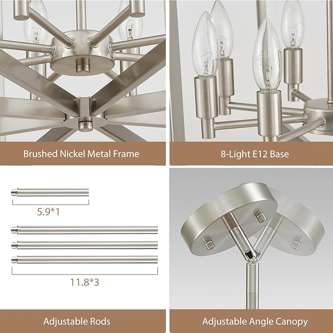 Brushed Nickel Chandelier 8-Light, 26" Large Dining Room Light Fixture Geometric Metal Modern Pendant Hanging Ceiling Lamp for Kitchen Island Living Room Entryway