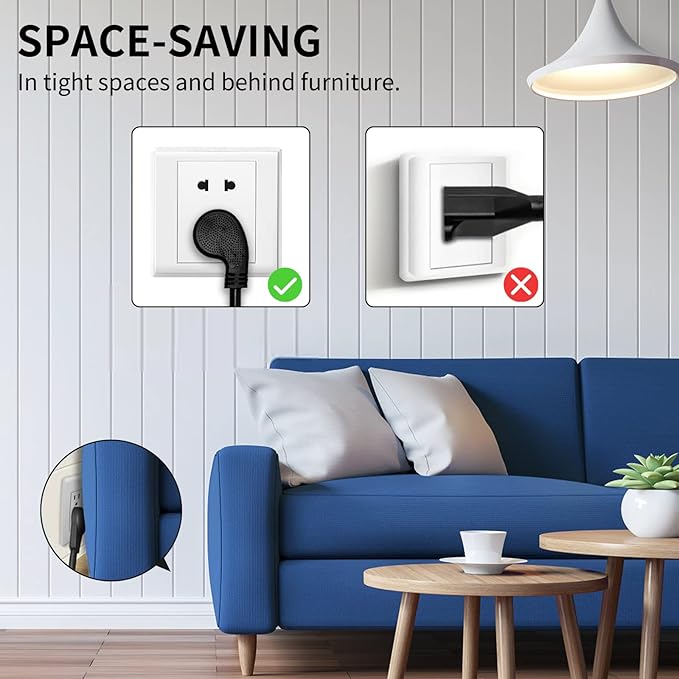 Miady Flat Plug Extension Cord 1 Ft, 90 Degree Plug Adapter, 3 Prong Grounded Wire Short Angle Power Cable Black ETL Listed (2-Pack, 13 Amp, 125 Volts, 1625 Watts)