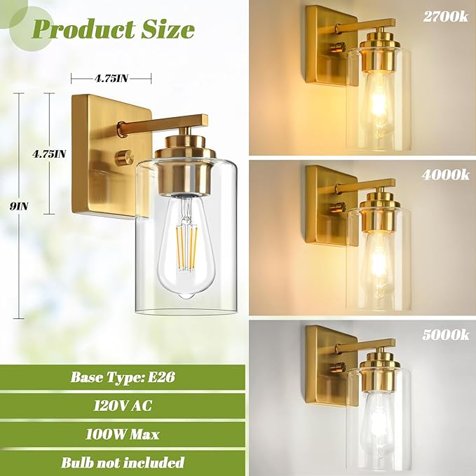 VerRon Wall Sconces, Gold Bathroom Light Fixtures, Modern Vanity Lights, Sconces Wall Lighting with Clear Glass, Sconces Wall Decor Set of 2, Light Fixture for Mirror, Living Room, Bedroom, Hallway