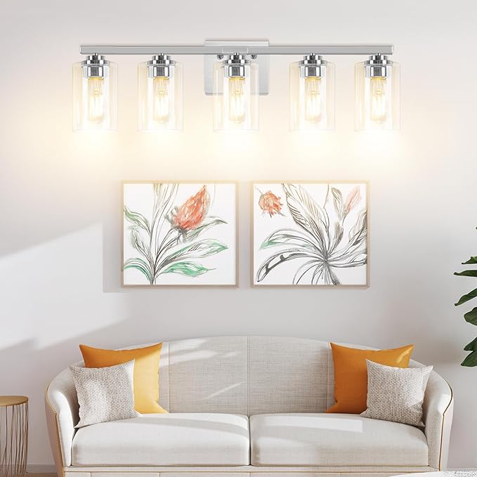 5-Light Bathroom Light Fixtures, 31" Modern Vanity Lights Over Mirror with Clear Glass Shades, Brushed Nickel Light Fixture, Classic Wall Light Fixture for Mirror Living Room Cabinet Bedroom Porch