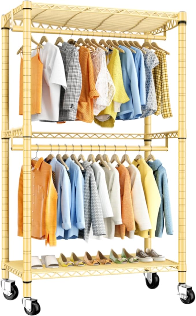 Raybee Clothing Rack with Wheels,Clothes Rack for Hanging Clothes,Portable Closet,2 Shelves,Yellow