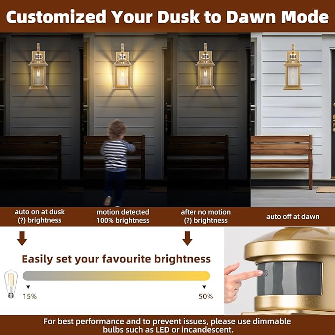 Gold Motion Sensor Outdoor Light Fixtures Dusk to Dawn 2-Pack, 16 Inch Aluminum Anti-Rust Large Brass Outdoor Sconces Wall Mounted Lamps Photocell Outside Lights for House Front Porch
