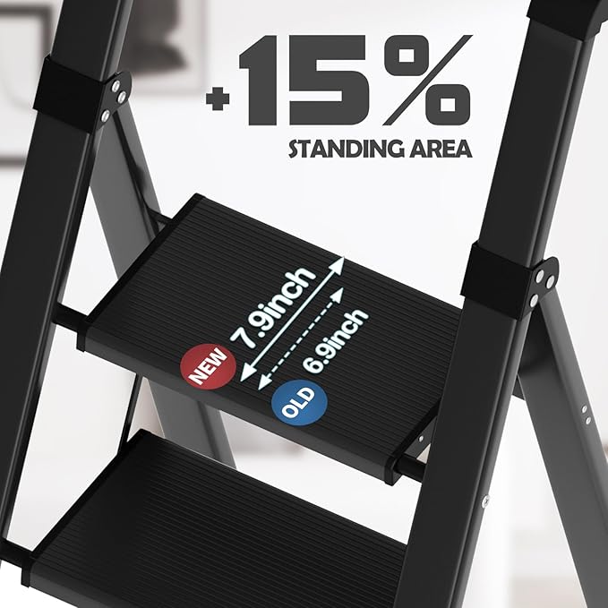 Taranta Step Ladder 3 Step Folding,Lightweight Portable Step Ladder with Anti-Split Pedal,Ladders with Convenient Handgrip,Aluminum Step Stool for Library, Home, Kitchen - Black