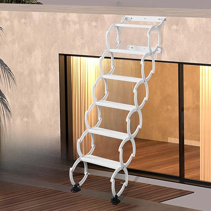6 Steps Wall Mounted Attic Ladder, Indoor Attic Stairs Pull Down System, Metal Telescoping Step Ladders, Anti-Slip Retractable Folding Stair, Loft Extension Steps Staircase (White, 6 Steps)