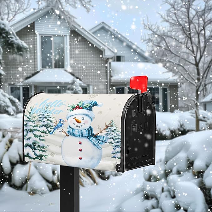 Hello Winter Snowman Mailbox Cover Magnetic Standard Size 18 X 21 Christmas Snow Pine Tree Post Letter Box Wrap Covers for Garden Yard Outdoor Xmas Decor