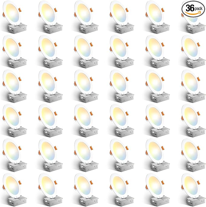 Amico 36 Pack 6 Inch 5CCT Ultra-Thin LED Recessed Ceiling Light with Junction Box, 2700K/3000K/3500K/4000K/5000K Selectable, 12W Eqv 110W, Dimmable Can-Killer Downlight, 1050LM Brightness - ETL&FCC