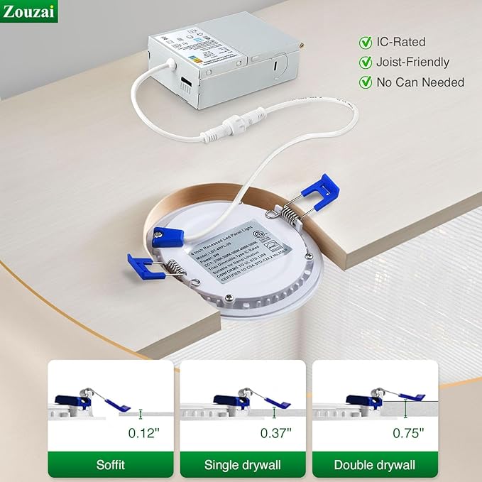 zouzai 1 Pack 4 Inch 5CCT Ultra-Thin LED Recessed Ceiling Light with Junction Box, 2700K/3000K/3500K/4000K/5000K Selectable, 9W Eqv 80W, Dimmable, led can Lights - ETL and Energy Star Certified
