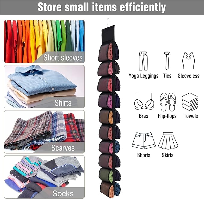 Aulock Legging Organizer for Closet, Hanging Closet Storage Organizer System, Clothes Closets Holder with 20 Roll Independent Compartments for Yoga T-Shirts Bras Socks Pants Tank Top Towel (Black)