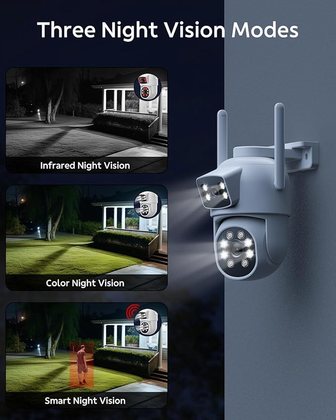 Dual Lens Security Cameras Wireless Outdoor, 2K Full HD Video, 360° View Pan/Tilt Home Security Camera with Color Night Vision, PIR Alarm, 2.4G/5G WiFi, Auto Tracking, 2-Way Audio, Easy to Install