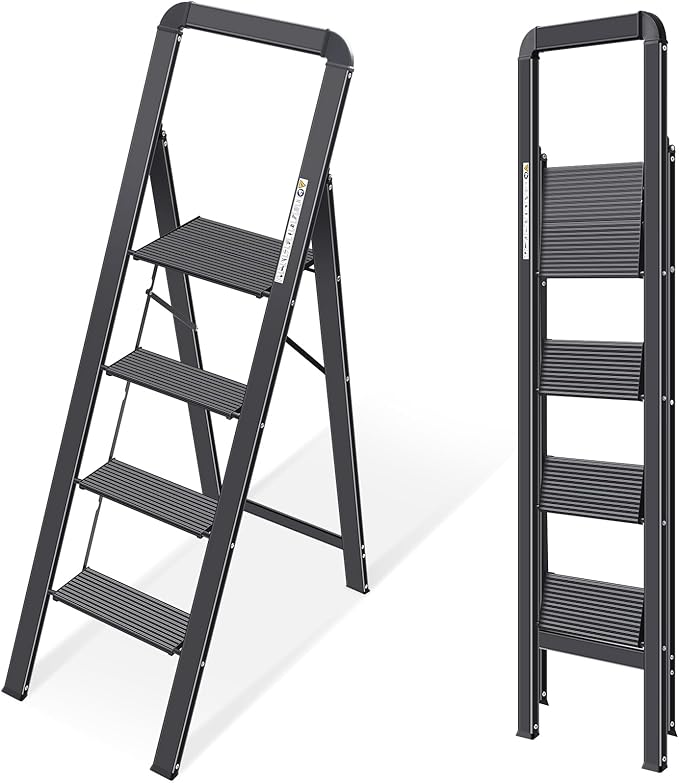 KINGRACK Aluminium 4 Step Ladder, Lightweight Step Stool with Non-Slip Pedals, Handrail, Foldable Step Ladder for Kitchen, Garage, Home, Space Saving, Sturdy and Portable, Black
