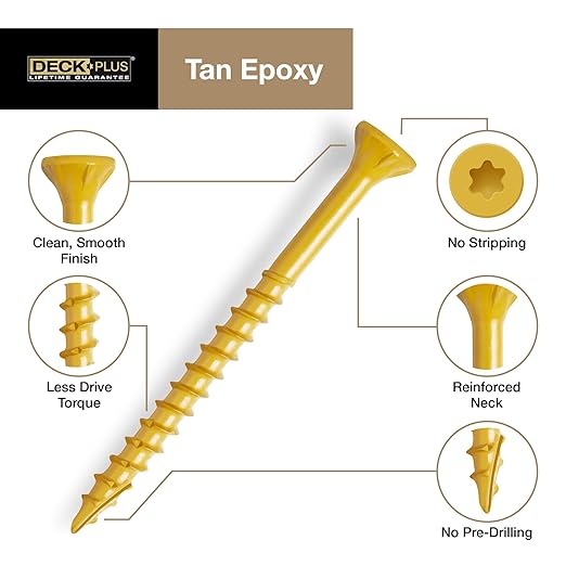 Deck Plus 4 Inch Epoxy Coated Exterior Wood and Fence Screws #10 x 4 Torx/Star Drive Included Coarse Thread, Outdoor Rust Resistant Decking Screw, Tan, 1lb Box, 43 Pieces | 48423