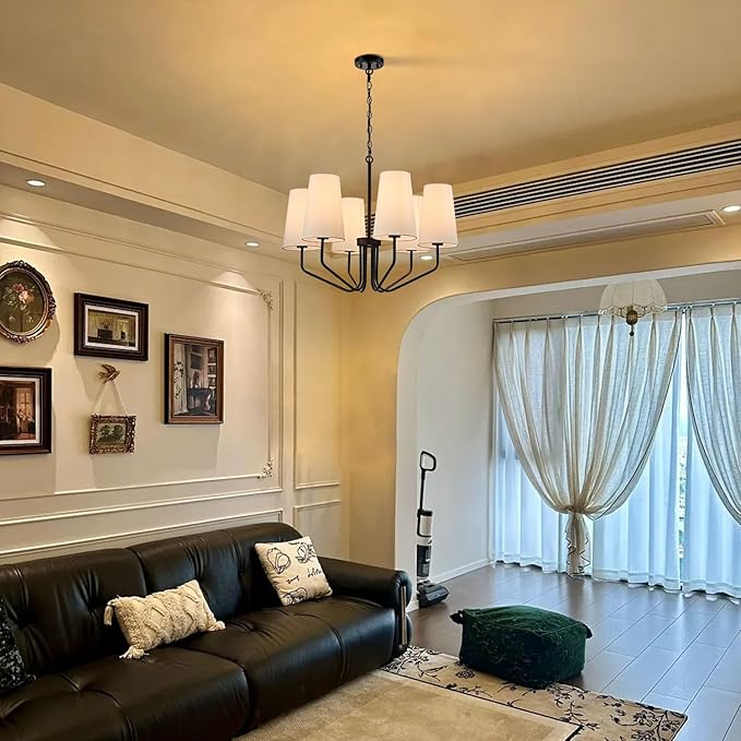 Modern Black Metal Chandelier with Linen Shade 6-Light E26 Adjustable Chandelier for Living Room, Dining Room, Bedroom, Kitchen Island