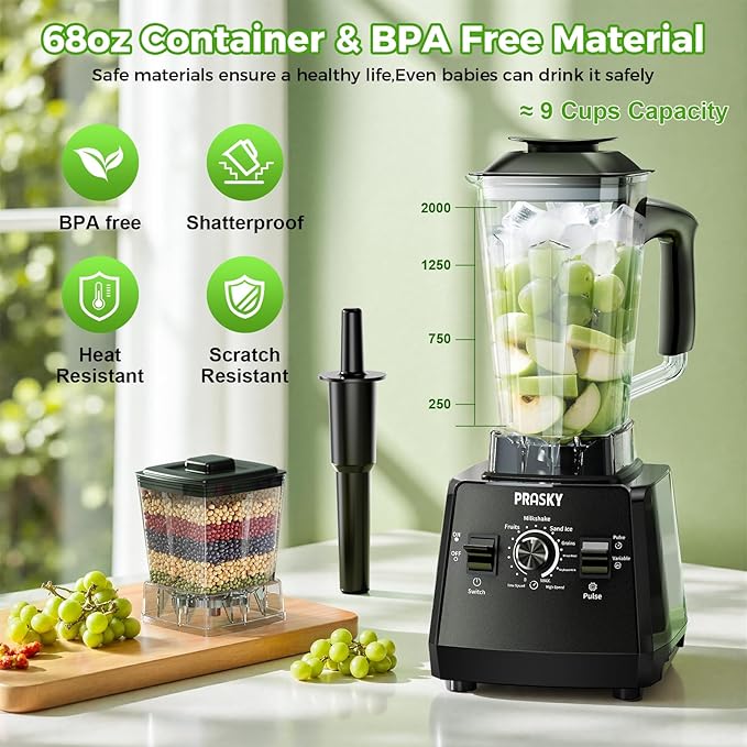 Blender, Smoothie Blenders, PRASKY Max.2400Watts/1000Watts Kitchen Blender and Grinder Combo 25000RPM Powerful Kitchen 68oz BPA Free 2 Containers Countertop Blenders Ice Crushing