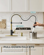 FORIOUS Kitchen Faucet with Pull Down Sprayer, Stainless Steel Commercial Single Handle Classic Spring Pull Out Sink Faucet for Pot Filler, Farmhouse Camper Bar Laundry Room, Black Gold