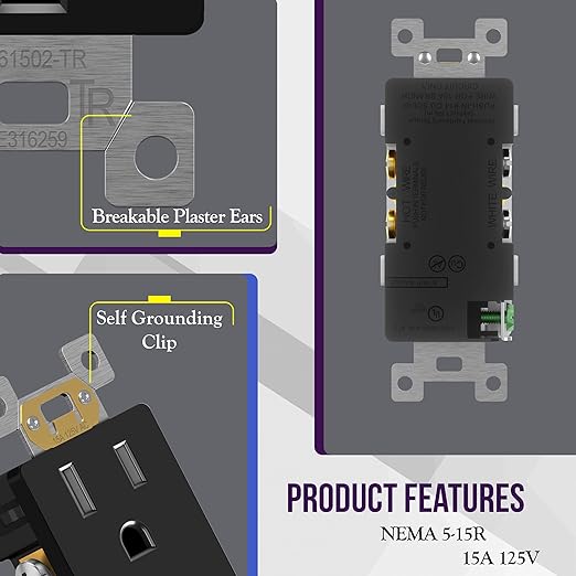 ENERLITES 10 Pack Black Decorator Receptacle with Screwless Wall Plate, Standard Electrical Wall Outlet, 15A 125V, Self-Grounding, 2-Pole, 3-Wire, 5-15R, UL Listed, 61502-TR-BKSID, Tamper Resistant