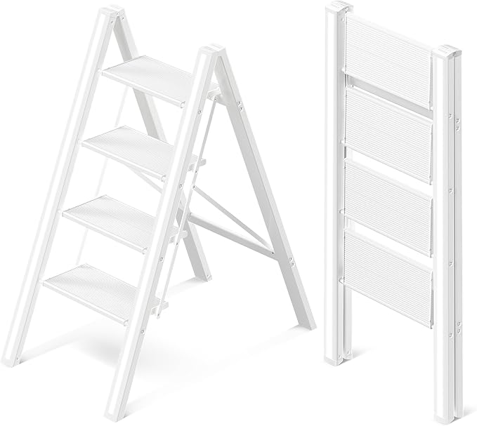 GameGem 4 Step Ladder, Aluminum Folding Step Stool with Anti-Slip Sturdy and Wide Pedal, Lightweight Portable Stepladder for Home and Kitchen Use, Cream White, 330 lbs