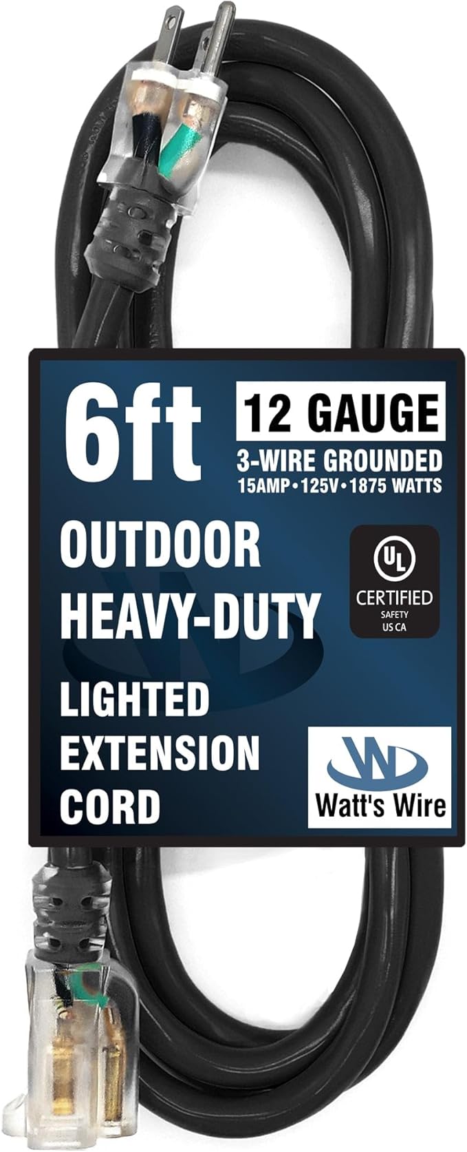 Outdoor Extension Cord Waterproof (6 ft) 12 Gauge Heavy Duty Extension Cord - Lighted Outdoor Extension Cords - Watts Wire - 6' Grounded - extensiones electricas